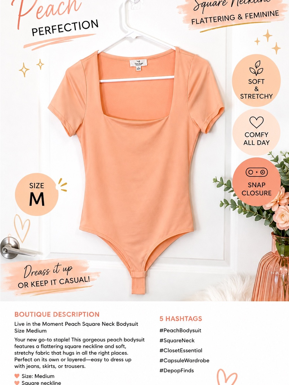 🍑Peach Square Neck Bodysuit SIZE M🍑